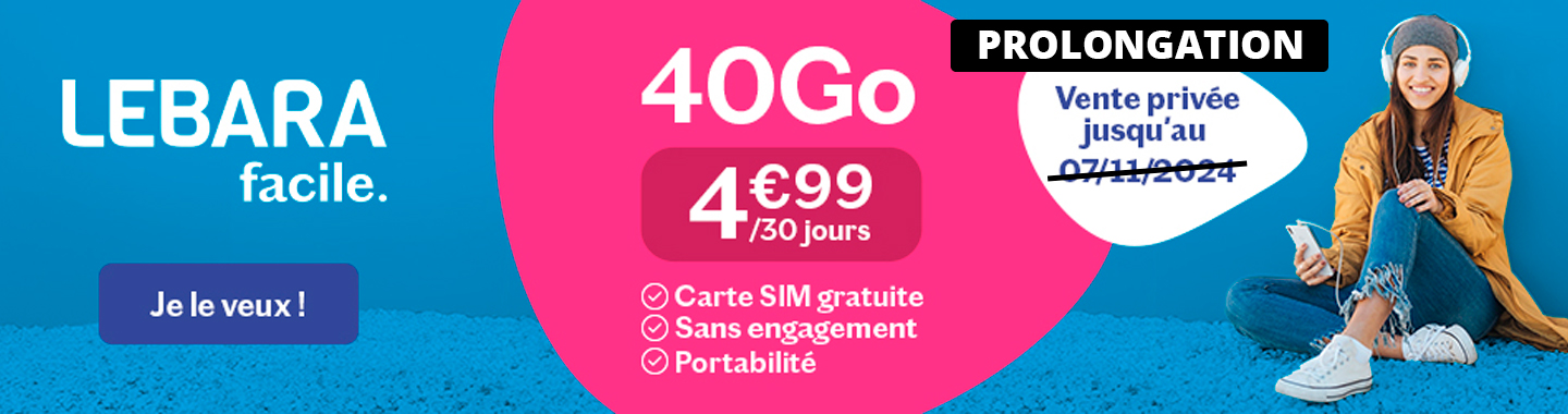 Forfait Lebara Mobile 40Go Appels, SMS illimités à 4.99€